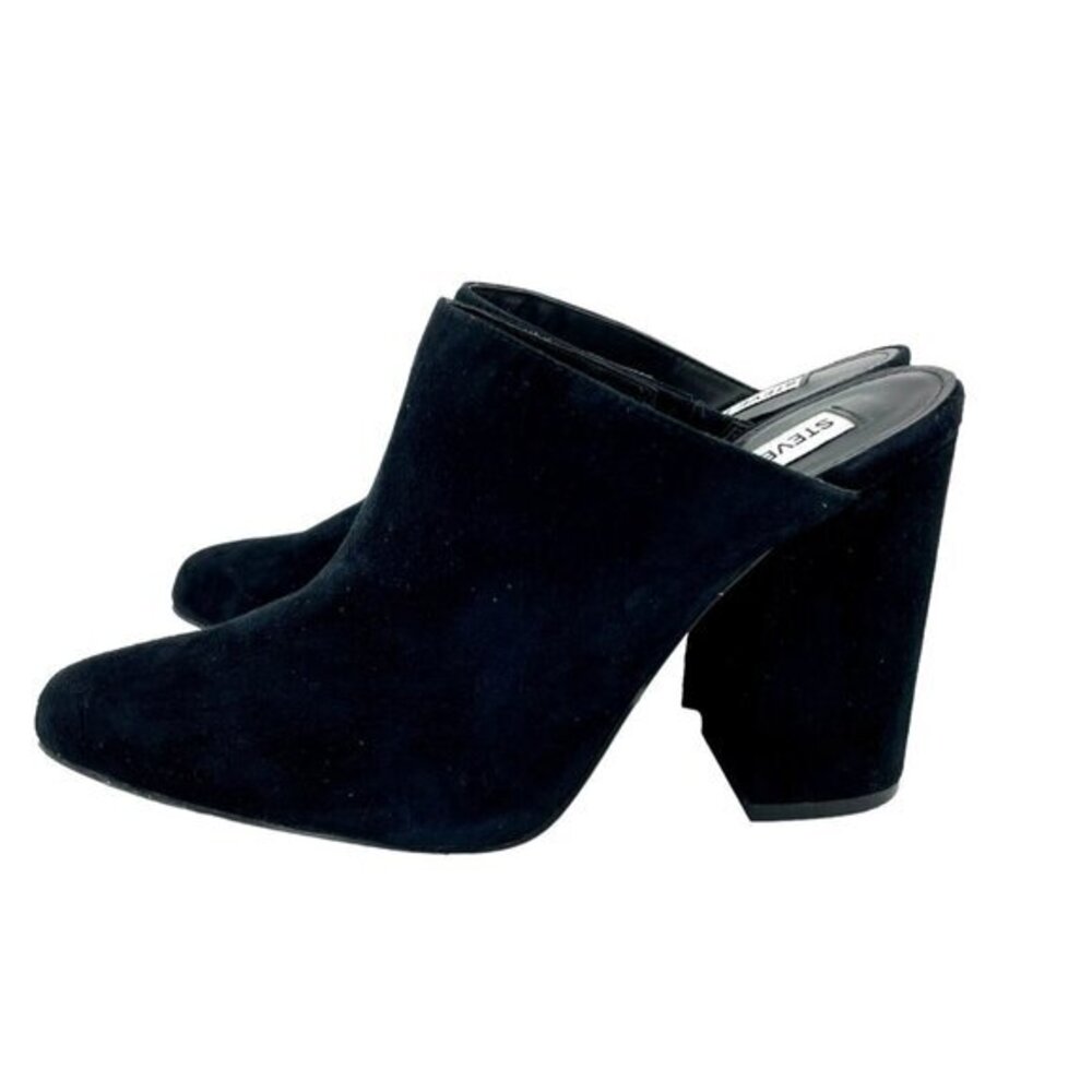 Steve Madden Black Suede Leather Pointed Toe Block Heel Mules Heels SZ 6.5